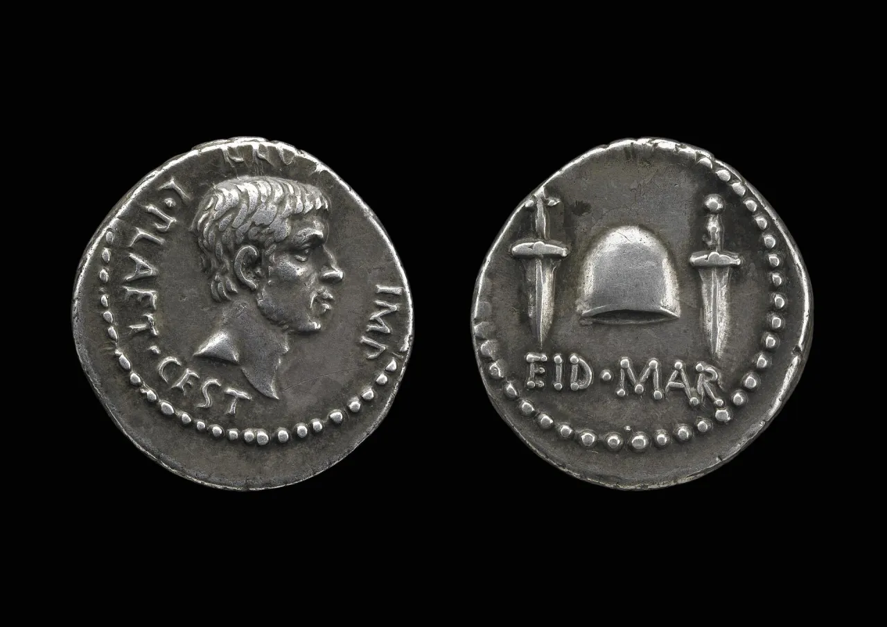 The EID MAR denarius struck by Brutus, 43-42 BCE, commemorating the assassination of Julius Caesar